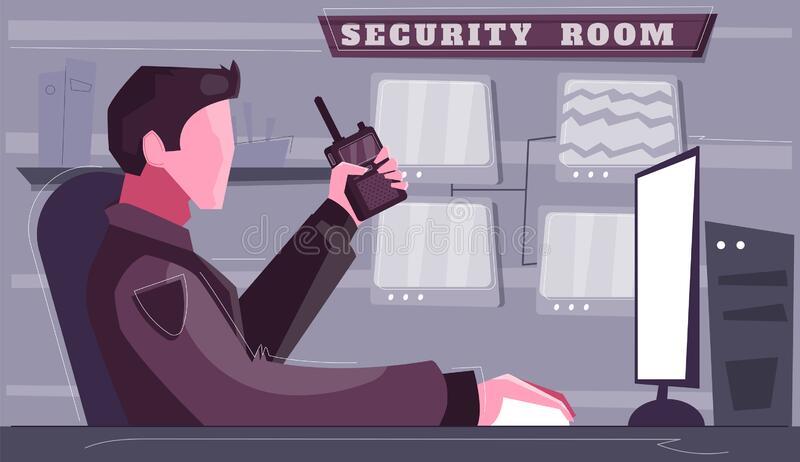 security-room-flat-background-control-guard-character-portable-radio-watching-screen-vector-illustration-179331458